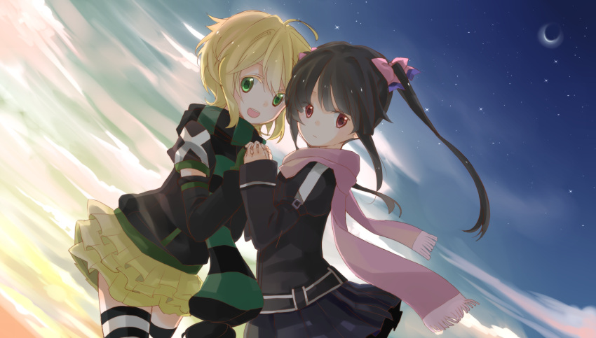 2girls, akatsuki_kirika, black_hair, blonde_hair, green_eyes, highres, long_hair, multiple_girls