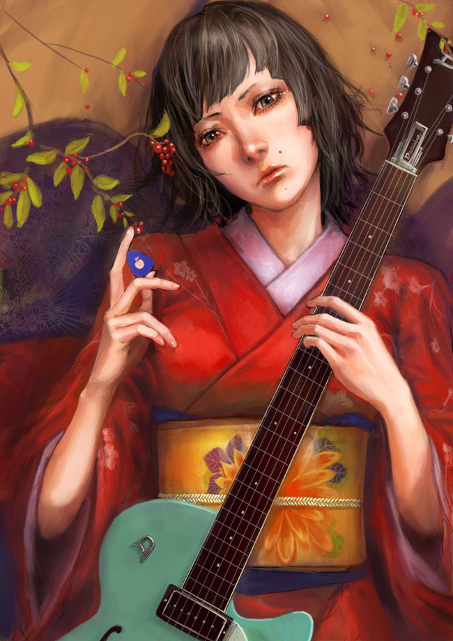 black_hair, cooljack0614, food, fruit, grey_eyes, guitar, hands, instrument