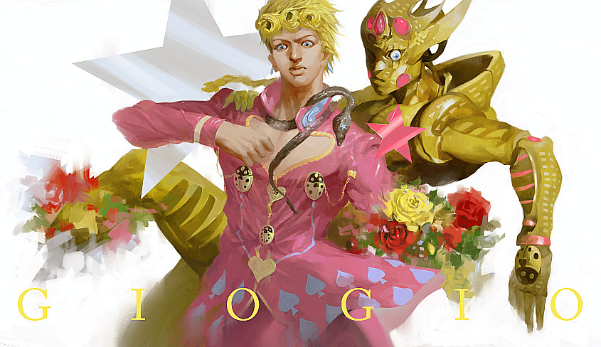 2boys, blonde_hair, blue_eyes, flower, giorno_giovanna, gold_experience_requiem, jojo_no_kimyou_na_bouken, multiple_boys