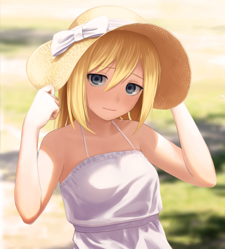 1girl, bare_shoulders, blonde_hair, blue_eyes, blush, christa_renz, dress, gogo_shichi-ji, hat, highres, looking_at_viewer, shingeki_no_kyojin, short_hair, smile, solo, sun_hat, sundress
