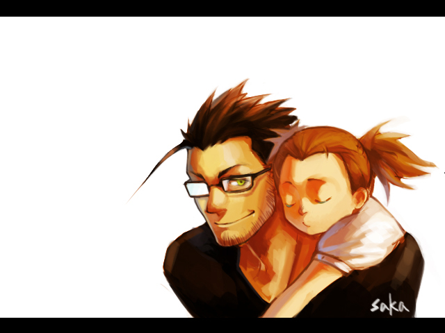 1boy, 1girl, black_hair, brown_hair, carrying, father_and_daughter, fullmetal_alchemist, glasses