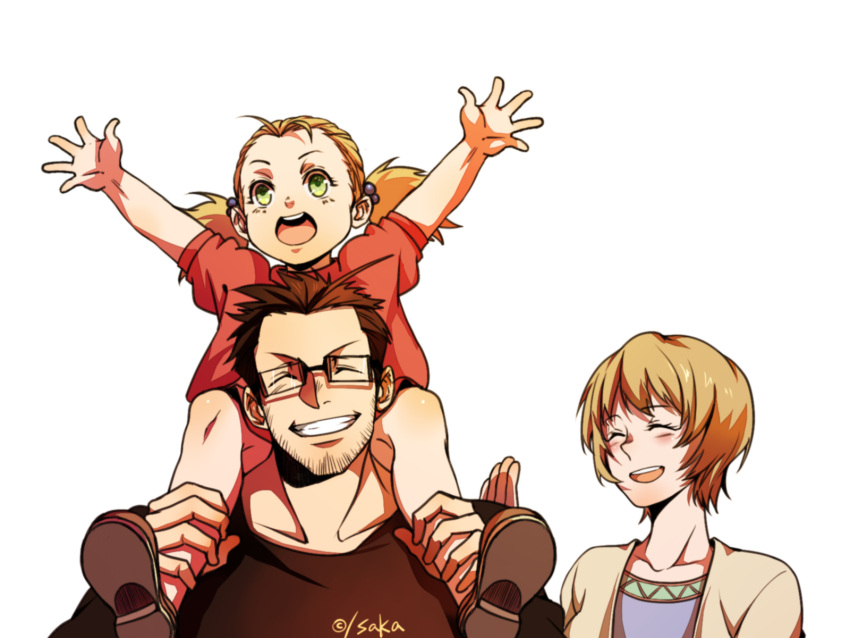 1boy, 2girls, black_hair, blonde_hair, carrying, elicia_hughes, family, fullmetal_alchemist