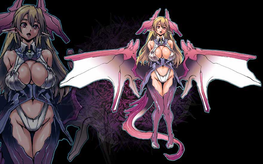 1girl, bat_wings, blonde_hair, breasts, cleavage, demon_girl, dragon_girl, female, horns, jyaco, long_hair, monster_girl, open_mouth, original, panties, pointy_ears, red_eyes, solo, succubus, tail, underwear, wings, zoom_layer
