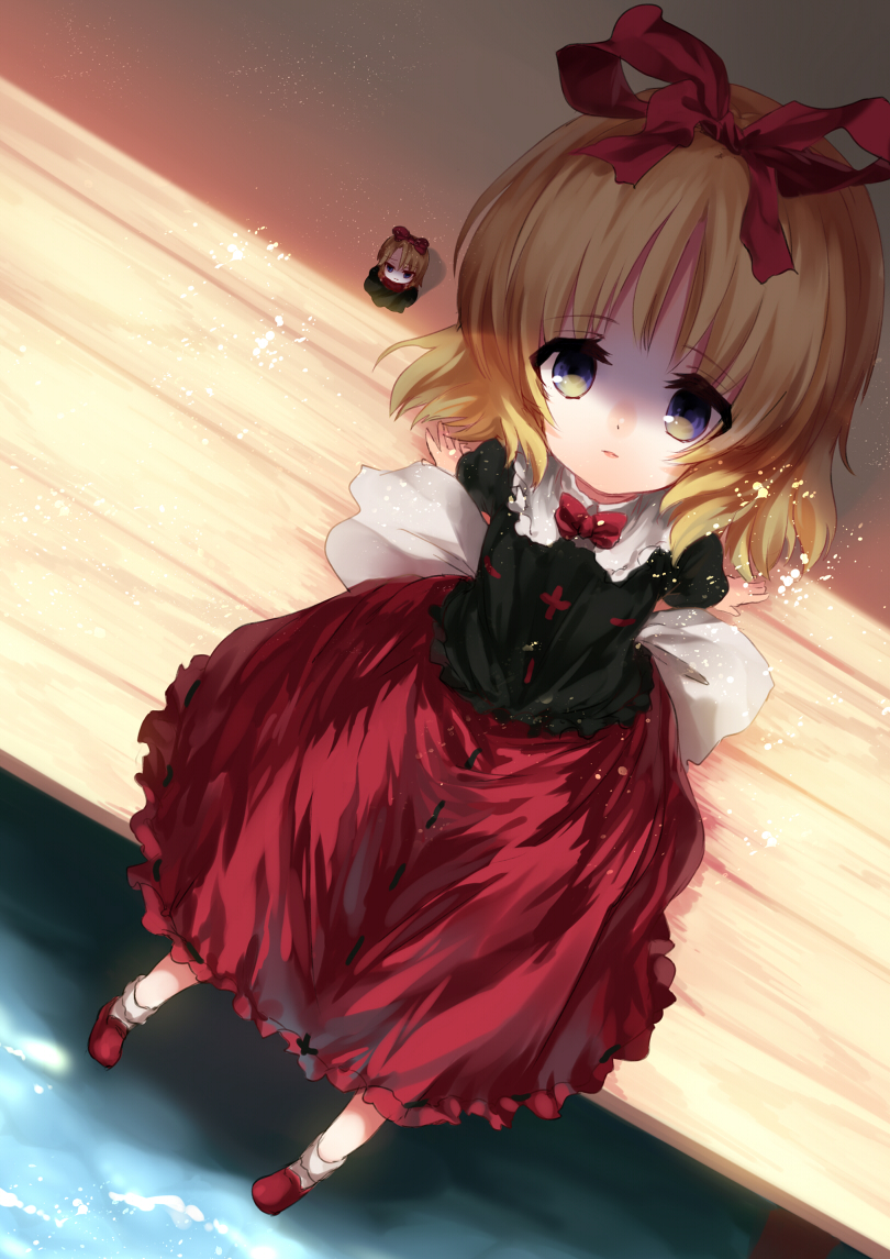1girl, blonde_hair, dqn_(dqnww), from_above, grey_eyes, hair_ribbon, lonely, looking_at_viewer