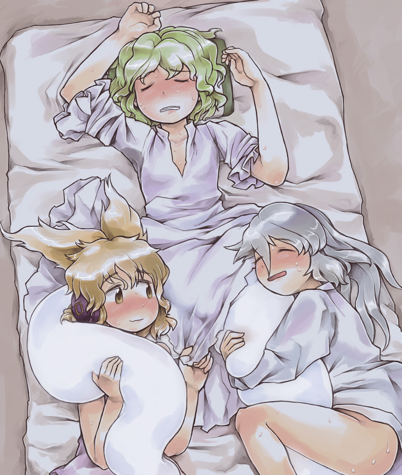 3girls, bed, bottomless, brown_hair, buranantoka, ghost_tail, green_hair, long_hair