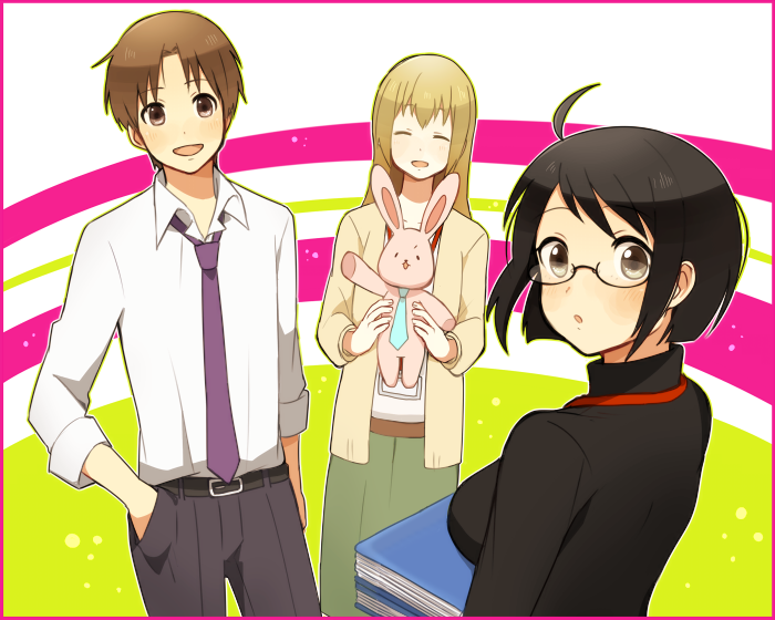 1boy, 2girls, ahoge, black_hair, blonde_hair, brown_eyes, brown_hair, cardigan