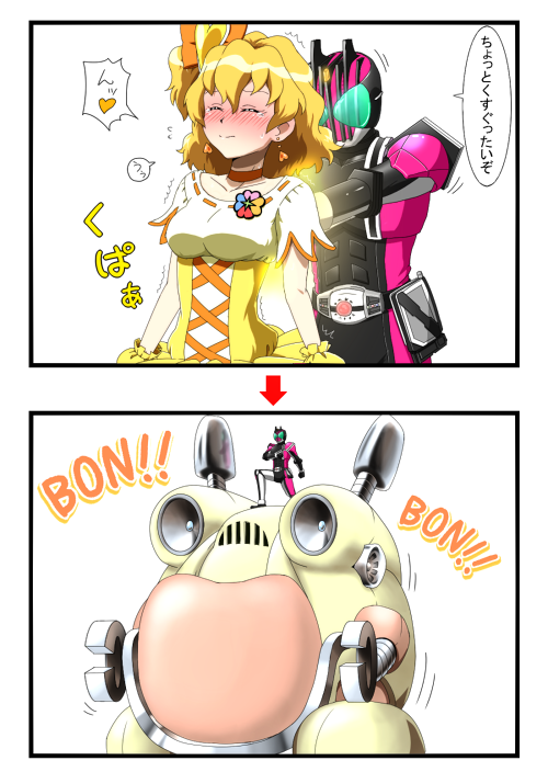 1girl, 2koma, akiko_nakagawa, blonde_hair, blush, bomper, bow, choker, crossover, cure_pine, dress, earrings, engine_sentai_go-onger, final_form_ride, fresh_precure!, fresh_pretty_cure!, heart, jewelry, kamen_rider, kamen_rider_dcd, kamen_rider_decade, magical_girl, nakagawa_akiko, precure, pretty_cure, seiyuu_connection, seiyuu_joke, short_hair, speech_bubble, super_sentai, tj-type1, translation_request, yamabuki_inori