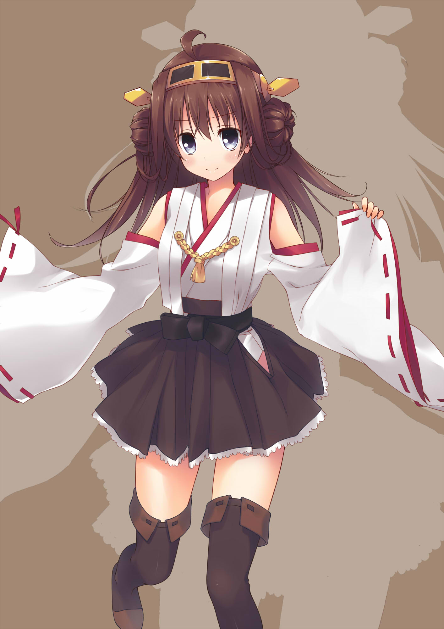 1girl, bare_shoulders, blush, boots, breasts, brown_hair, detached_sleeves, double_bun