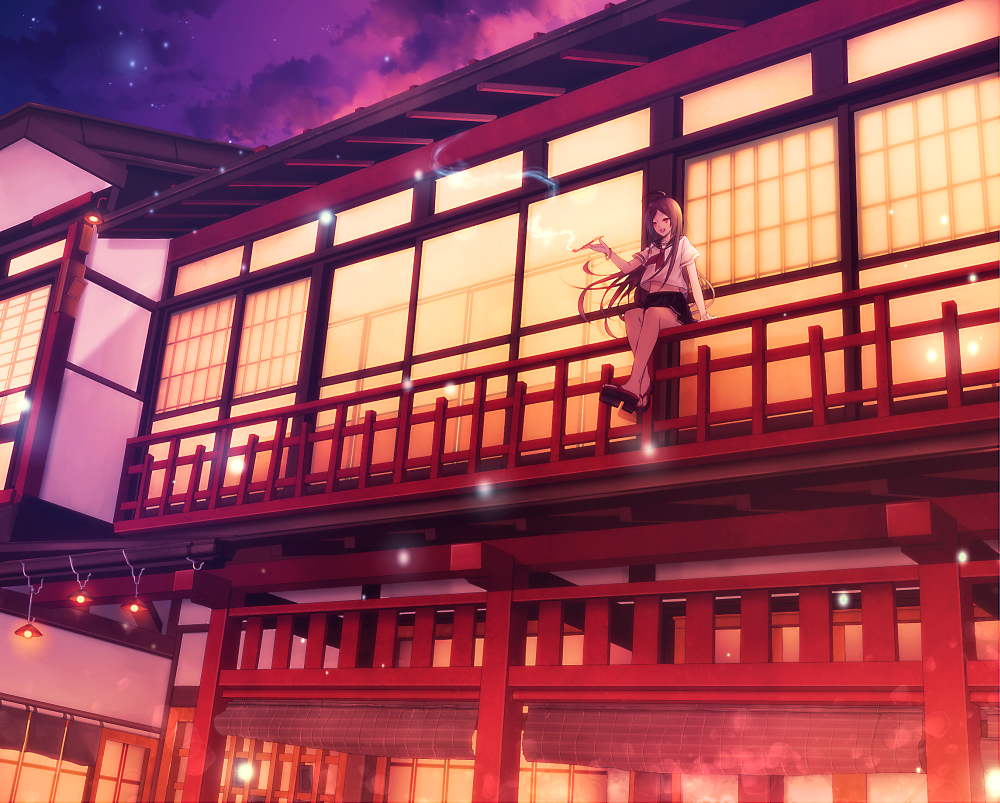 1girl, brown_hair, east_asian_architecture, fence, harumoti, kiseru, long_hair, original, pipe, red_eyes, sandals, school_uniform, serafuku, sitting, smoke