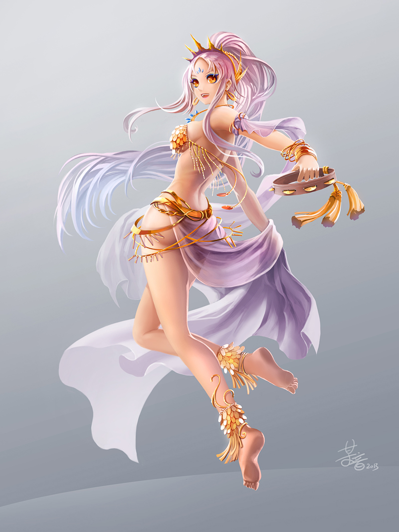 1girl, anklet, back, barefoot, bikini_top, bracelet, breasts, dancer, earrings, feet, forehead_jewel, hair_ornament, headdress, jewelry, long_hair, necklace, open_mouth, orginal, pink_hair, poklala, ponytail, see-through, sideboob, soles, veil, very_long_hair, yellow_eyes