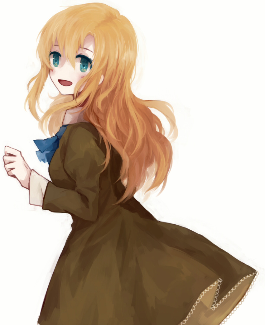 1girl, :d, blonde_hair, blue_eyes, dress, highres, ib, long_hair, mary_(ib), open_mouth, shiro_kunugi, smile, solo, white_background