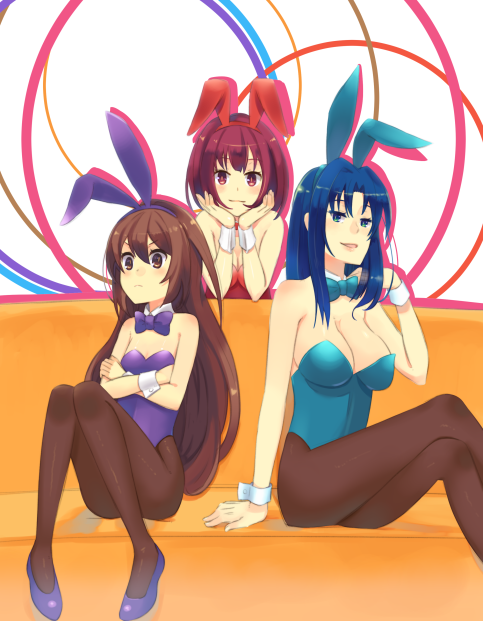 3girls, aisaka_taiga, animal_ears, blue_hair, bowtie, breasts, brown_hair, bunnysuit