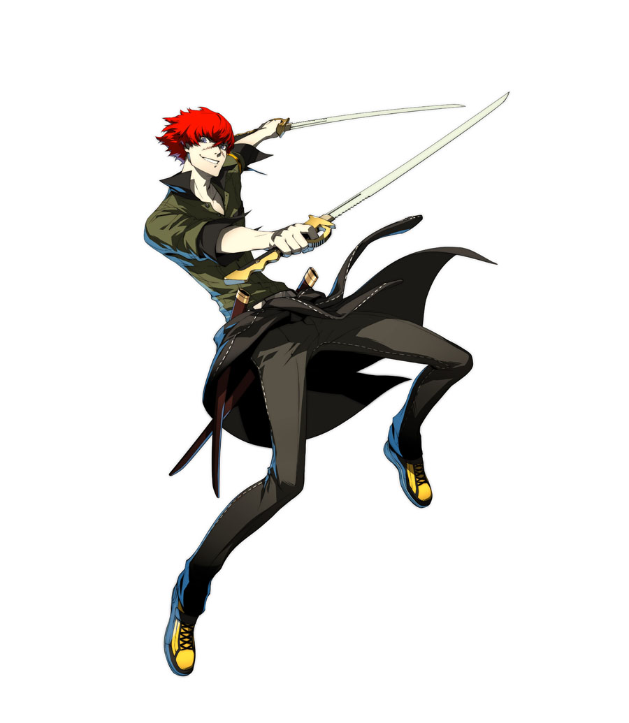 dual_wielding, grin, minazuki_sho, official_art, persona, persona_4:_the_ultimate_in_mayonaka_arena, redhead, scar