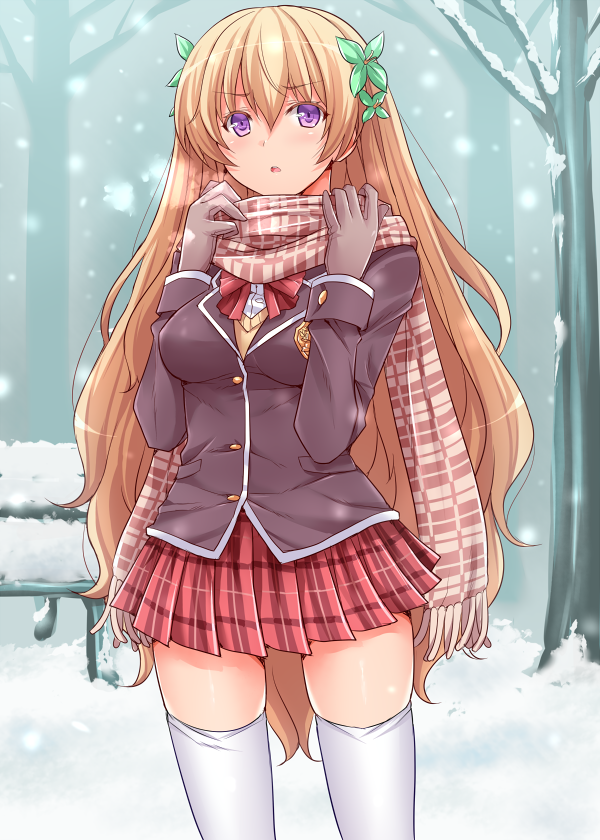 1girl, bench, blazer, blonde_hair, bow, commentary_request, grey_gloves, hair_ornament