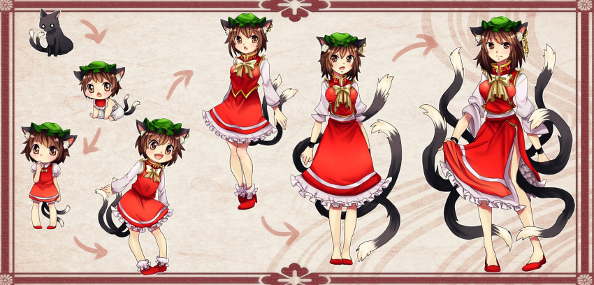 1girl, adult, age_progression, animal_ears, baby, bobby_socks, brown_eyes, brown_hair, cat, cat_ears, cat_tail, chen, chen_(cat), chestnut_mouth, child, directional_arrow, earrings, fang, hat, highres, ibarashiro_natou, jewelry, multiple_tails, open_mouth, short_hair, smile, socks, solo, tail, touhou