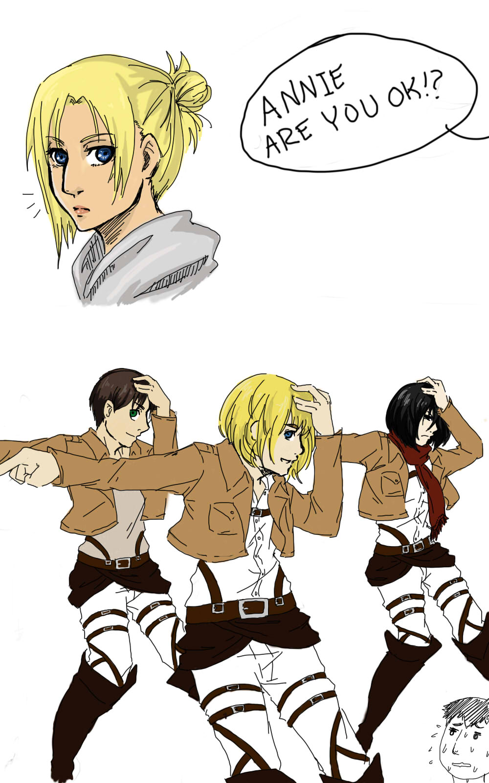 2girls, 3boys, annie_leonhardt, armin_arlert, belt, bertholt_fubar, black_hair, blonde_hair
