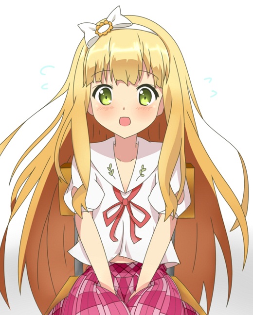 1girl, azuki_azusa, blonde_hair, blush, bow, green_eyes, hair_bow, hamaru01