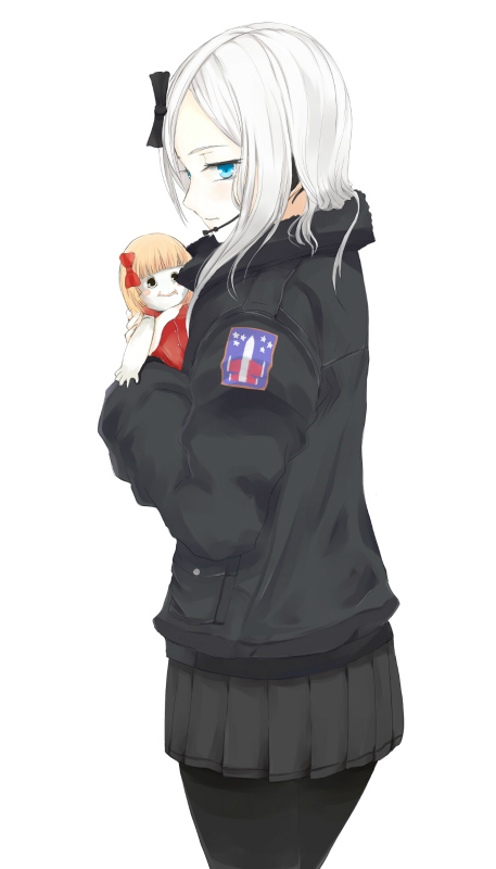 1girl, alice_hazel, blue_eyes, bow, doll, expressionless, jacket, long_hair