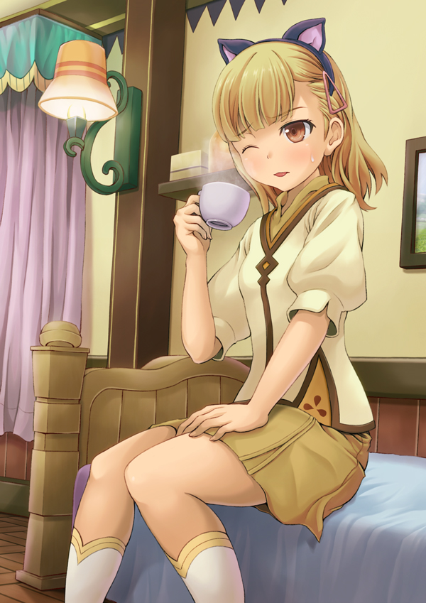1girl, ;p, animal_ears, bed, blonde_hair, blush, brown_eyes, cat_ears