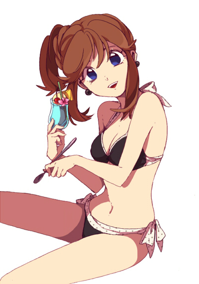 1girl, alternate_hairstyle, bikini, blue_(pokemon), blue_eyes, breasts, brown_hair, cleavage