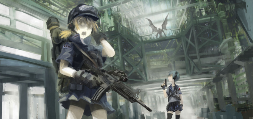 2girls, assault_rifle, at-4, black_legwear, blonde_hair, building, ergot, fingerless_gloves