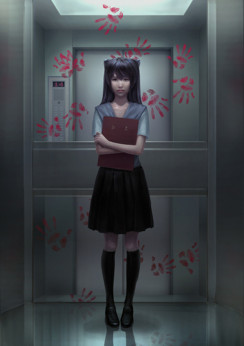 1girl, absurdres, black_hair, brown_eyes, copyright_request, elevator, hand_print, highres