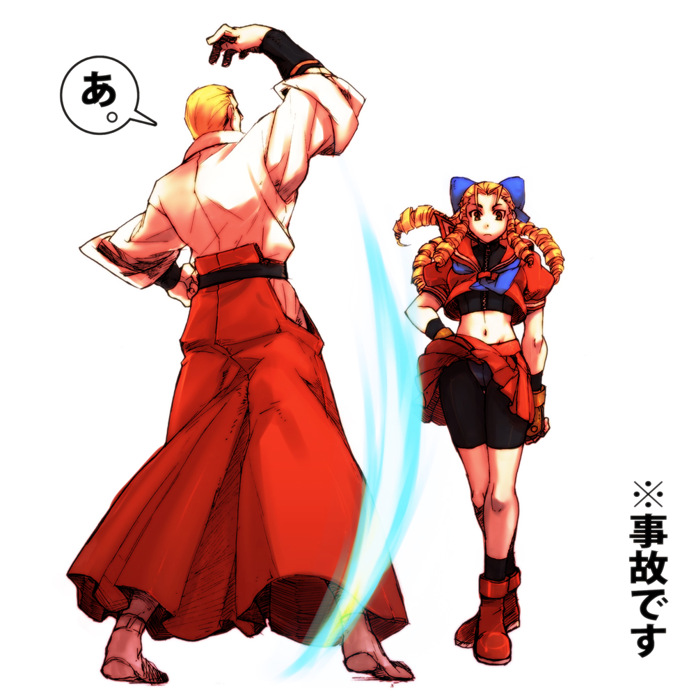 1girl, a, bike_shorts, blonde_hair, capcom, dougi, drill_hair, fatal_fury, fingerless_gloves, geese_howard, gloves, hakama, hand_on_hip, itkz, itkz_(pixiv), japanese_clothes, kanzuki_karin, long_hair, m.u.g.e.n, panties, panties_over_bike_shorts, pantyshot, school_uniform, serafuku, short_hair, skirt, skirt_lift, snk, street_fighter, underwear