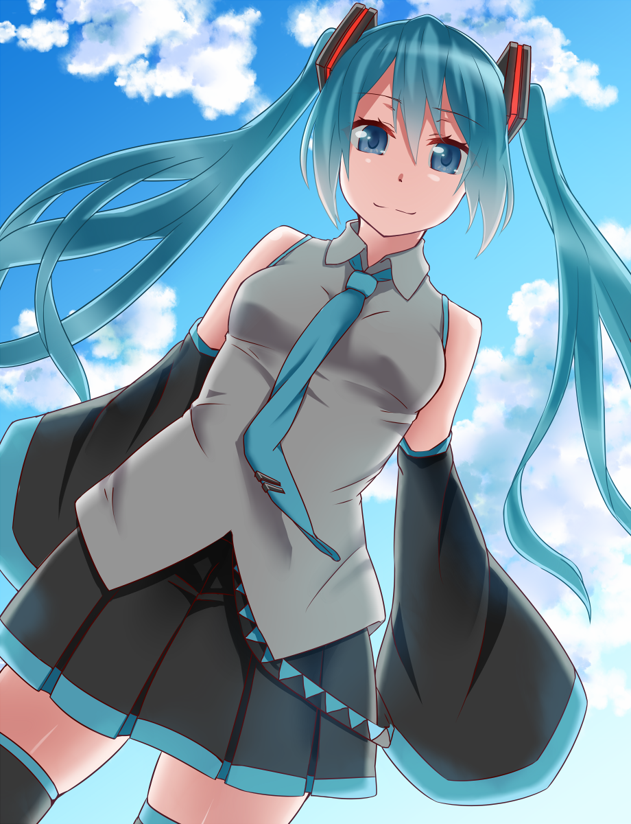 1girl, aqua_hair, blue_eyes, clouds, detached_sleeves, hatsune_miku, highres, jaku_denpa