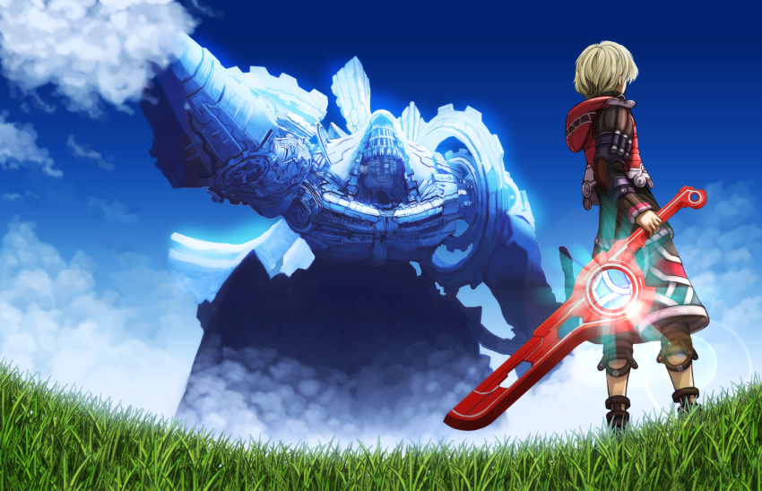 clouds, energy_sword, field, grass, highres, mechonis, rapuka, shulk, sky, sword, weapon, xenoblade