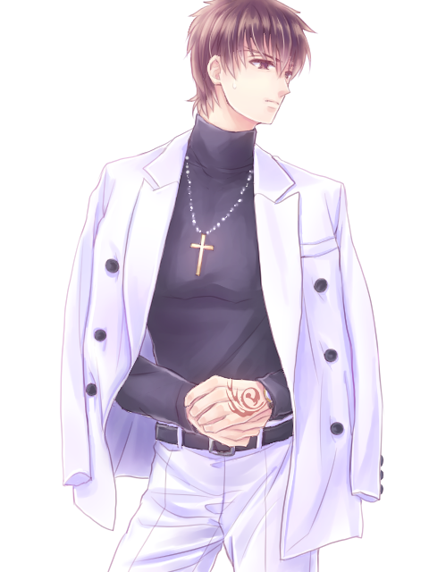 1boy, @co, alternate_costume, brown_eyes, brown_hair, command_spell, cross, cross_necklace, fate/zero, fate_(series), jacket_on_shoulders, jewelry, kotomine_kirei, necklace, solo, turtleneck