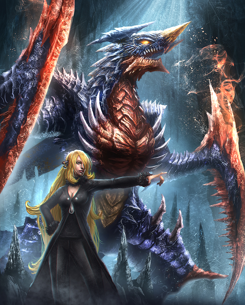 1girl, blonde_hair, blue_eyes, breasts, cave, cleavage, dragon, fangs