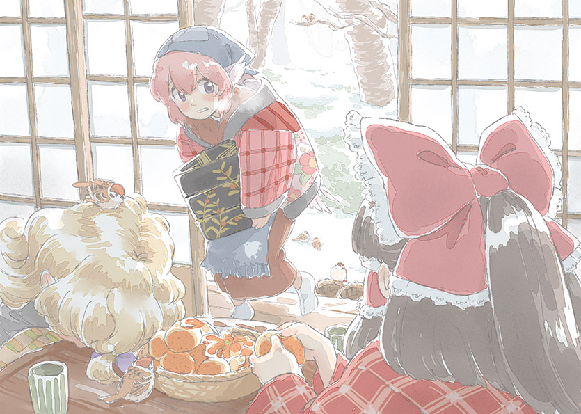 3girls, animal_ears, animal_on_head, bird, bird_on_head, black_hair, blonde_hair, blush