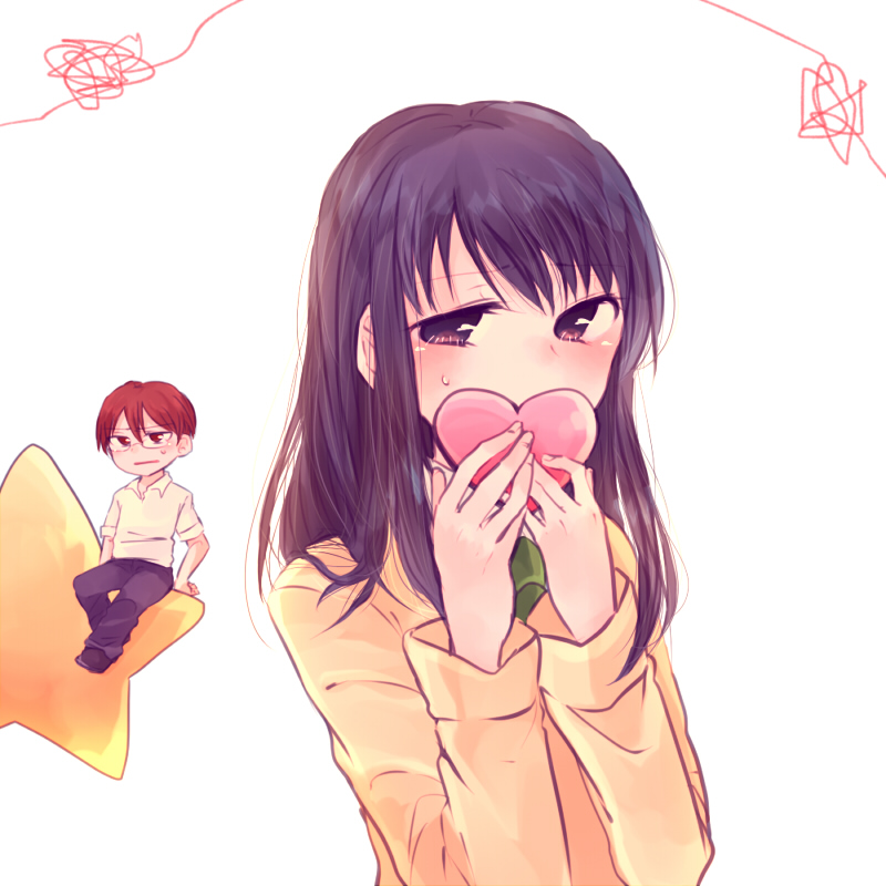 1boy, 1girl, blush, brown_hair, glasses, heart, ikezawa_masaomi, long_hair