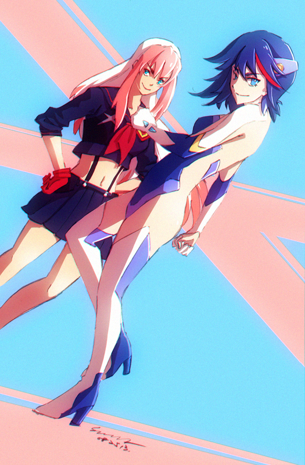 2girls, ass, birdy_cephon_altirra, black_hair, blue_eyes, boots, breasts, elbow_gloves, from_behind, gloves, high_heels, kill_la_kill, leotard, long_hair, matoi_ryuuko, multicolored_hair, multiple_girls, pink_hair, redhead, school_uniform, shoes, short_hair, slashing, smile, snowlily, solo, suspenders, sword, tetsuwan_birdy, tetsuwan_birdy_decode, thigh_boots, thighhighs, two-tone_hair, weapon