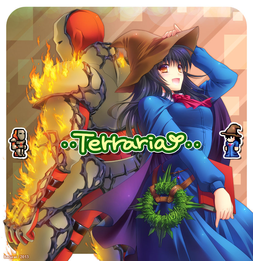 armor, black_hair, blue_dress, book, bow, bururai, cape, copyright_name, dress, face_mask, fire, hat, holding, mask, on_fire, terraria, vine_whip, witch_hat, yellow_eyes