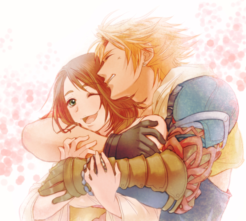 1boy, 1girl, applemac, blonde_hair, brown_hair, closed_eyes, couple, final_fantasy, final_fantasy_x, gloves, green_eyes, hug, hug_from_behind, short_hair, smile, tidus, wink, yuna