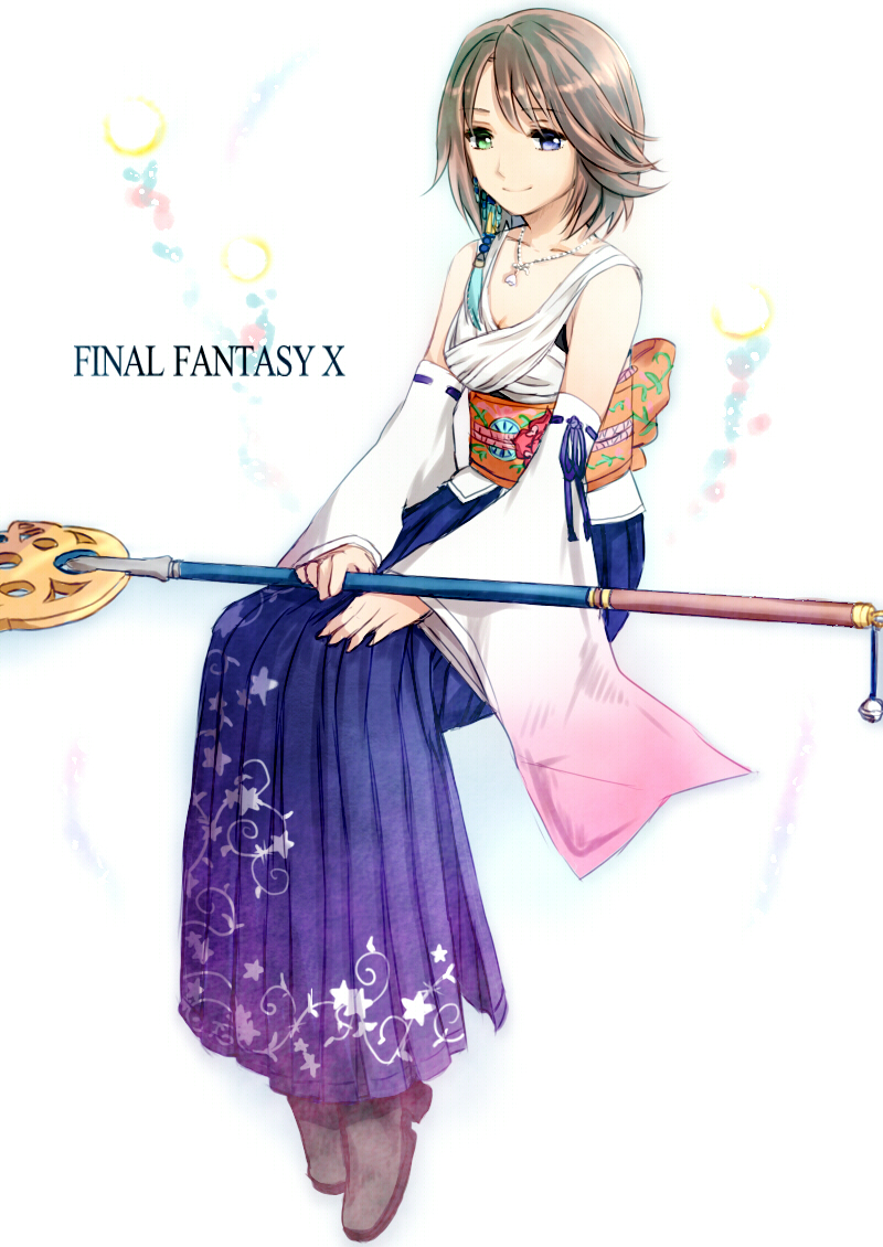 1girl, blue_eyes, brown_hair, copyright_name, detached_sleeves, final_fantasy, final_fantasy_x, green_eyes, heterochromia, himasen, japanese_clothes, jewelry, kimono, necklace, short_hair, sitting, smile, solo, staff, white_background, yuna