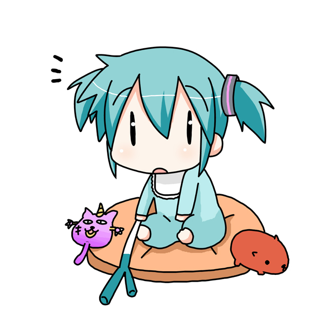 barefoot, capybara-san, chibi, chibi_miku, cushion, hatsune_miku, minami_(colorful_palette), short_twintails