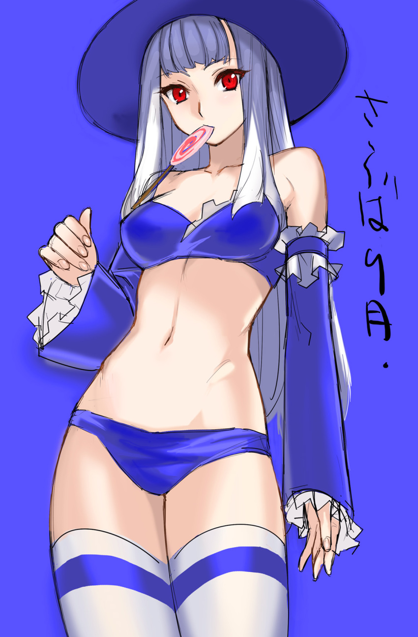 1girl, adapted_costume, bandeau, bare_shoulders, bikini, breasts, candy, capcom_fighting_jam