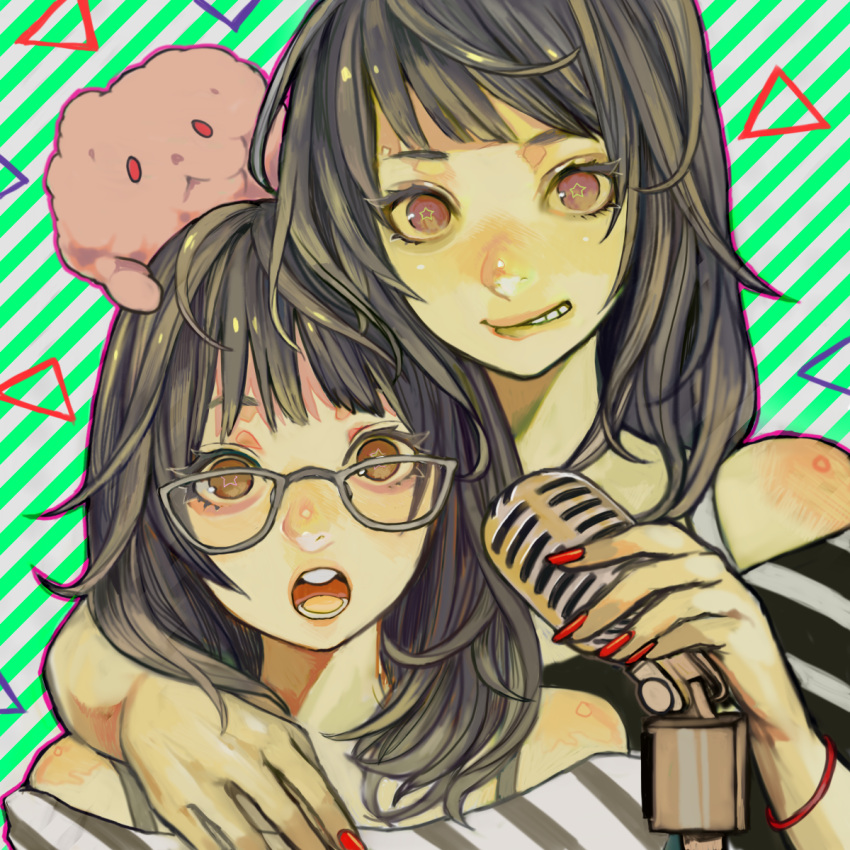 2girls, arm_around_neck, bangle, bare_shoulders, black_hair, bracelet, creature, eyelashes