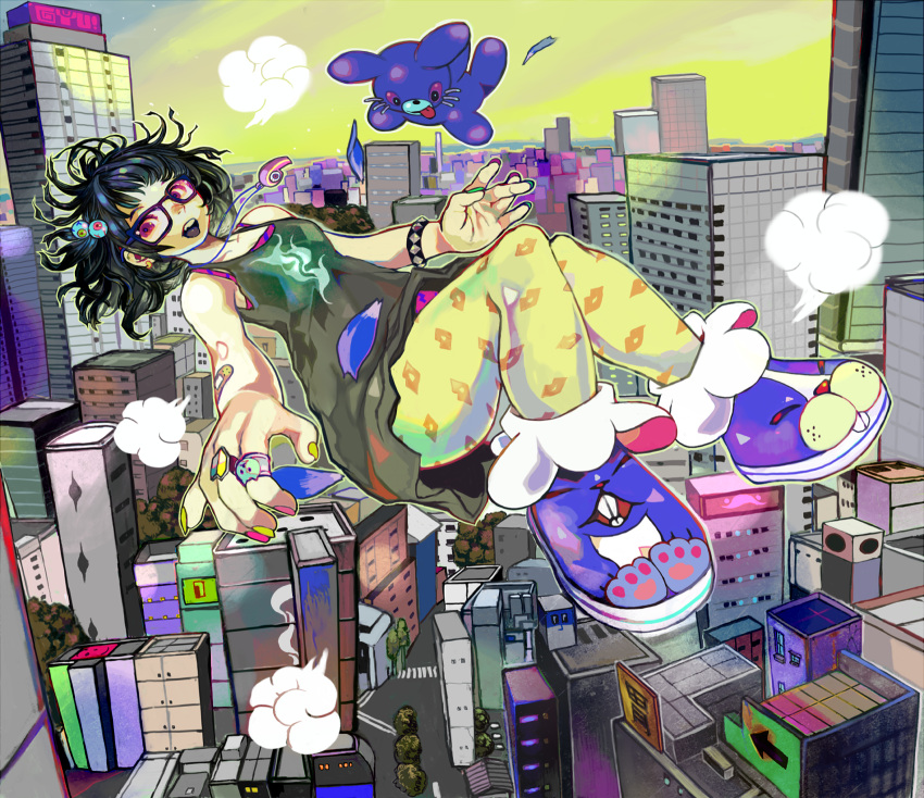 1girl, bare_shoulders, black_hair, camisole, cityscape, earrings, eyeballs, floating