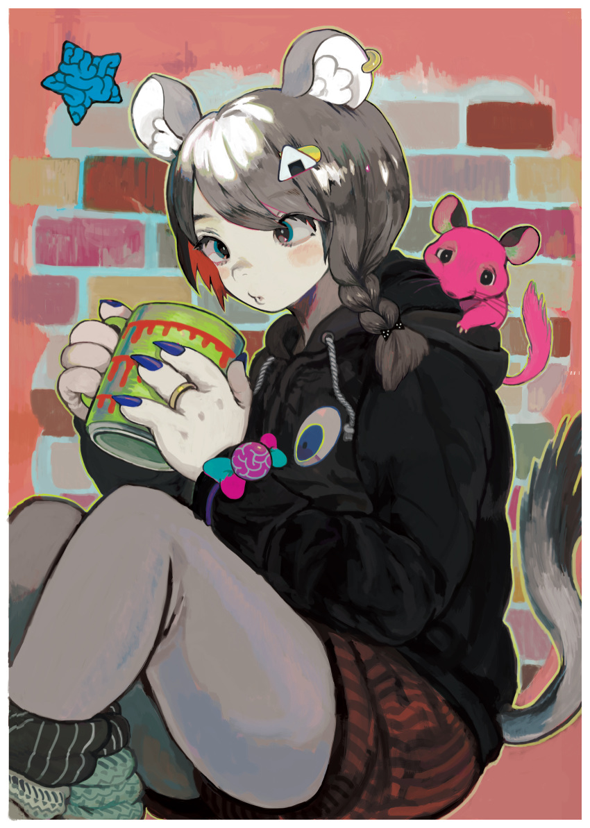 1girl, animal_ears, animal_on_shoulder, blowing, blue_eyes, blush_stickers, braid, cup