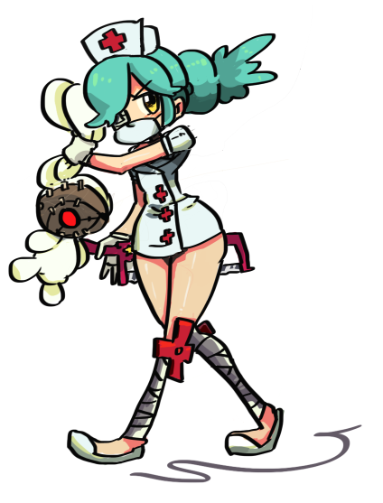 1girl, alternate_hairstyle, annie_(skullgirls), aqua_hair, blush, cosplay, dress, eyepatch