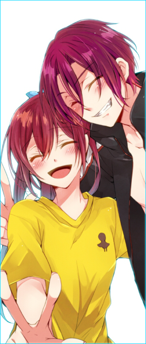 1boy, 1girl, brother_and_sister, closed_eyes, free!, grin, jacket, long_hair