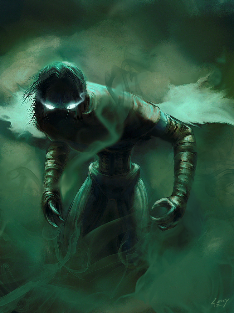 bandages, black_hair, claws, cloak, glowing, glowing_eyes, green_background, legacy_of_kain, lexy71320, no_pupils, raziel_(legacy_of_kain), short_hair, simple_background, smoke