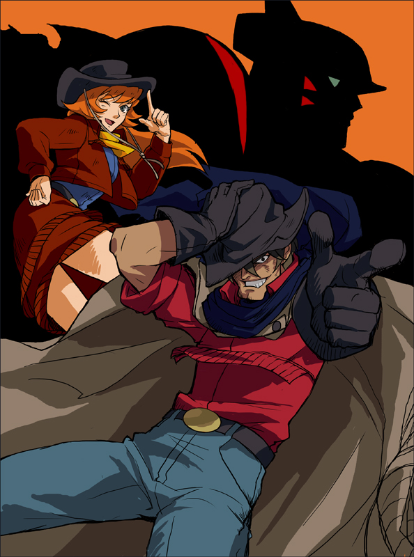 brother_and_sister, brown_hair, colorful_m, cowboy, cowboy_hat, getter_robo, gloves, grin