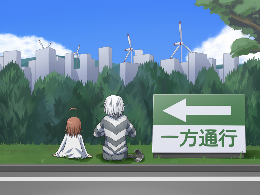 1boy, 1girl, accelerator, ahoge, brown_hair, cityscape, clouds, crutch