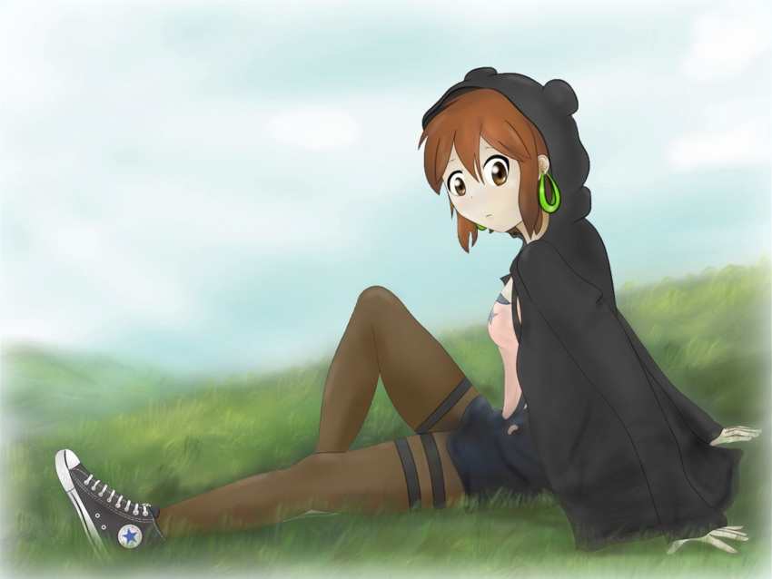 1girl, animal_ears, brown_eyes, brown_hair, converse, curious, dutch_angle, earrings