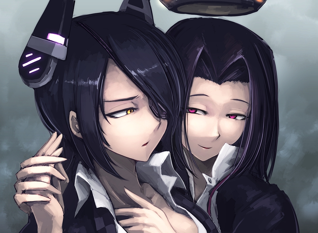 2girls, breasts, eyepatch, hand_grab, headgear, hetza_(hellshock), kantai_collection, mechanical_halo
