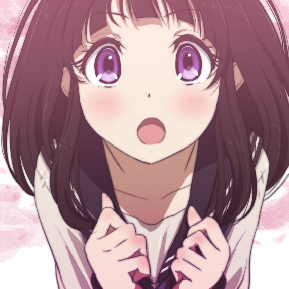 1girl, black_hair, chitanda_eru, hyouka, long_hair, school_uniform, serafuku, violet_eyes